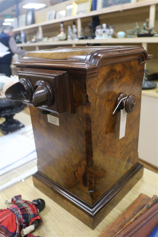 A Victorian burr walnut table top stereoscope viewer with slides/photos